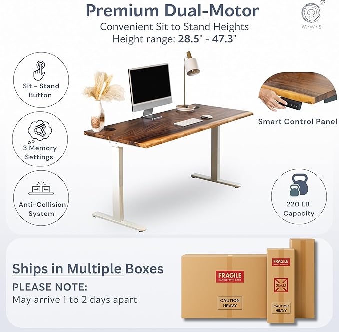 Standing Desk – Walnut Solid Wood Desk, Natural Live Edge, Adjustable Height Dual Motor, Sit Stand for Home Office (White, W60 x D27)