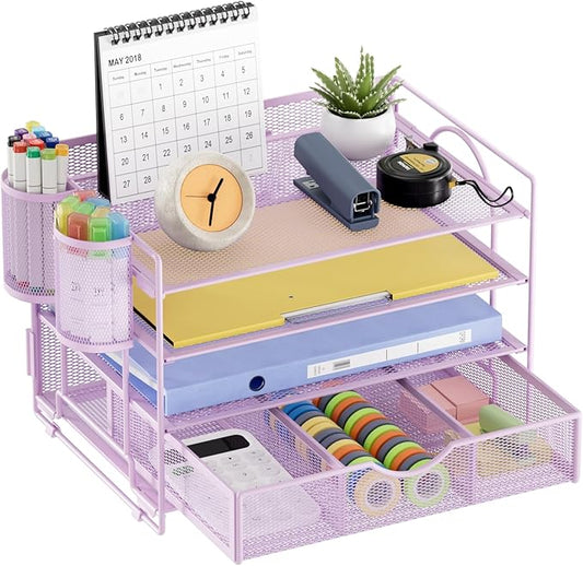 Marbrasse 4-Trays Desk File Organizer with 2 Pen Holder (Purple, Letter)