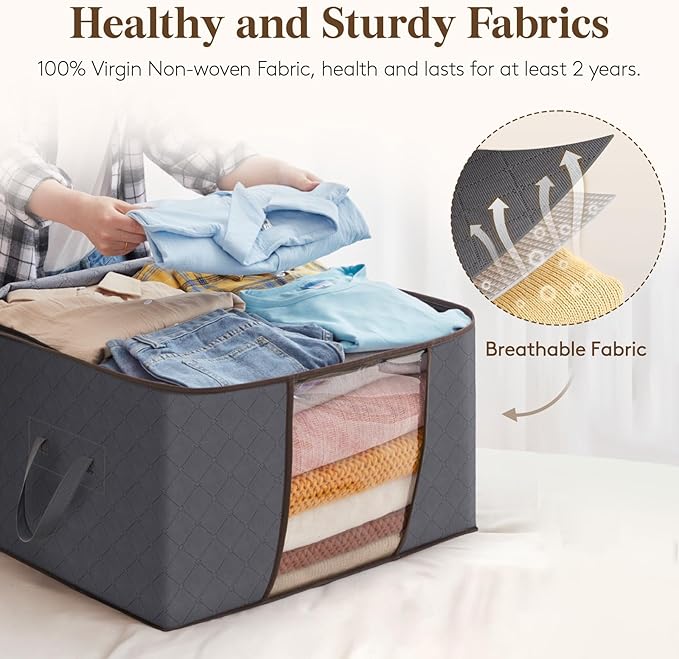 Lifewit Large Capacity Clothes Storage Bag Organizer with Reinforced Handle Thick Fabric for Comforters, Blankets, Bedding, Foldable with Sturdy Zipper, Clear Window, 24 Pack, 90L, Grey