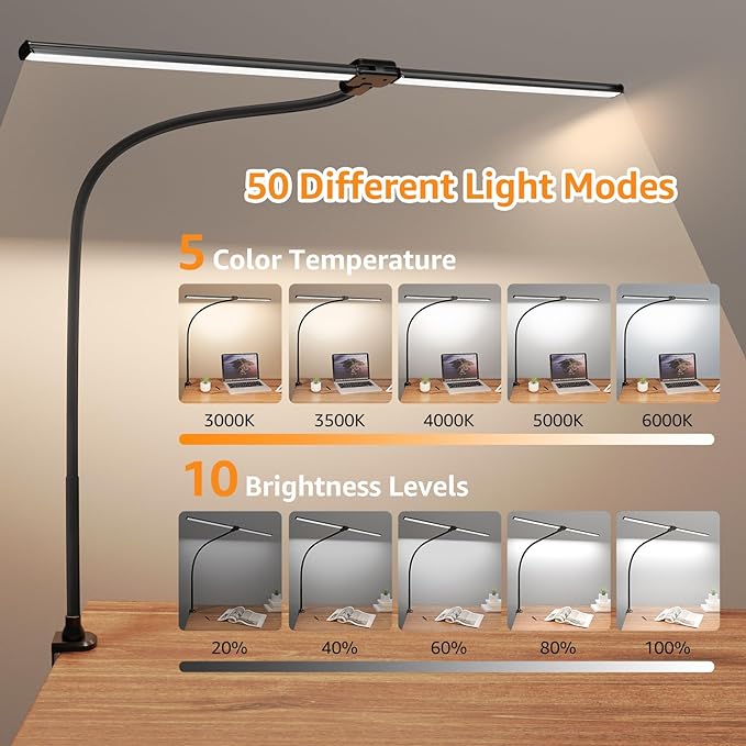 ShineTech Led Desk Lamp for Office Home, Bright Double Head Desk Light with Clamp, Architect Task Lamp 50 Lighting Modes Adjustable Flexible Lamp