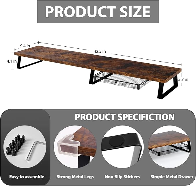 Aothia Dual Monitor Stand Riser with Drawer — Metal Leg Desk Shelf