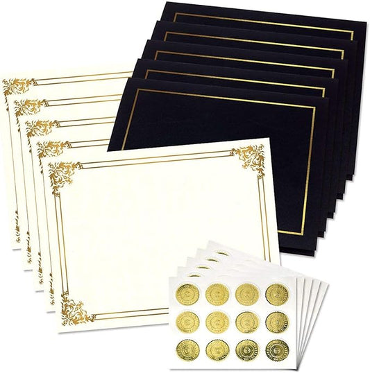 Ornate Empire Award Certificate Collection - Includes 25 Certificate Papers (White/Gold), 25 Heavy Linen Folders (Black/Gold), 25 Gold Foil Seals, Laser & Inkjet Printer Compatible