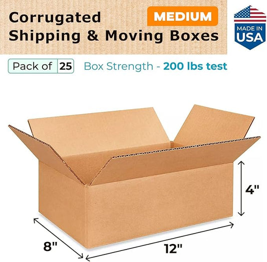 Medium Moving & Shipping Boxes 12"L x 8"W x 4"H (25-Pack) - Extra Strength 200 lb vs Regular - Corrugated Heavy Duty Packing Boxes - Strong Corrugated Box - Cardboard Packing Box by IDL Packaging