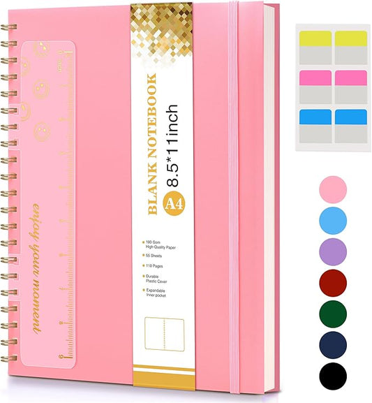UEBZFOCS Blank Spiral Notebook Journal — 8.5×11 in (A4), Pink