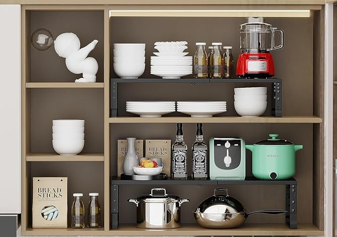 Jojocross Expandable Cabinet Shelf Organizer Storage Spice Rack Shelves for Kitchen Stackable Adjustable Pantry Cupboard Bathroom Countertop Desktop(2Packs/Black/Large)