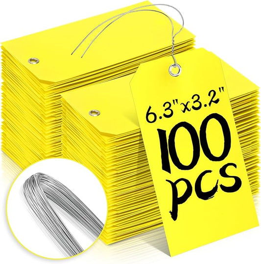 100 Pcs Waterproof Tags Writable Plastic Tags for Labeling Tag with Wire Tie Large Heavy Duty Tags Moving Tags Pipe Tags for Outdoors Car Garage Storage Box Equipment Parts (Yellow, 6 1/4" x 3 1/8")
