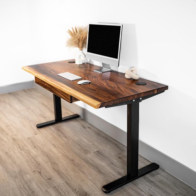 Standing Desk with Drawer – Walnut Solid Wood Desk, Natural Live Edge, Adjustable Height Dual Motor, Sit Stand for Home Office (Black, W60 x D27)