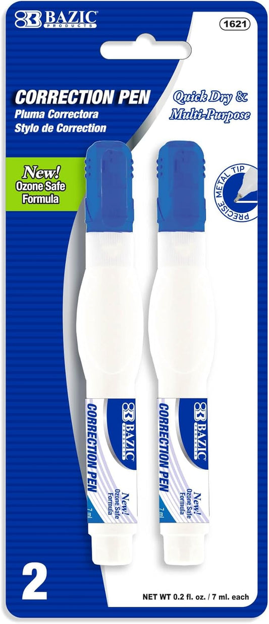 BAZIC Products Correction Pen - Corrections Fluid, Precise Metal Tip White Out, Ideal for School & Office Supplies, Alternative to Correction Solution, 2/Pack, 1-Pack