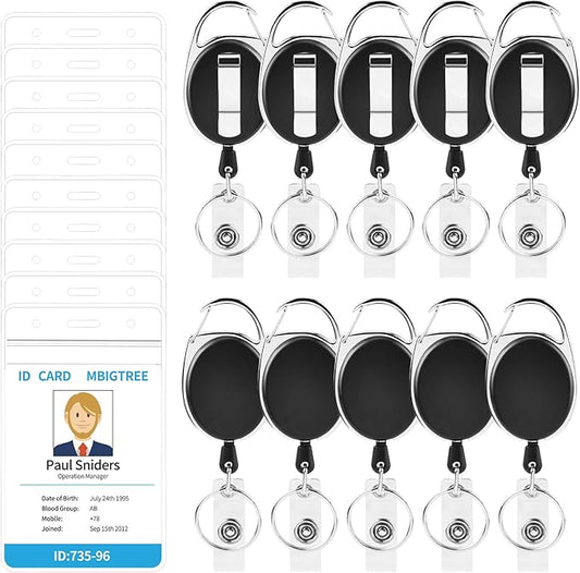 10 Pack ID Badge Holder, Badge Holder Retractable Clip with Carabiner Reel Clip and Key Ring for Men and Women