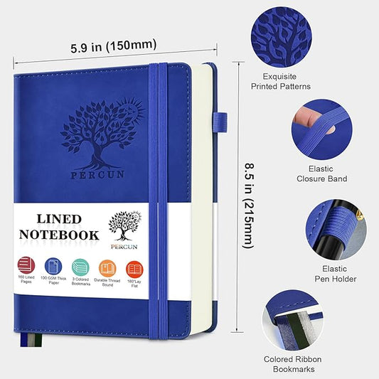 PERCUN Lined Journal Notebook for Men & Women, 160 Pages College Ruled Journal for Writing, A5 Hardcover Leather Notebooks for Work, School, Business, Travel, Daily Diary 5.9" x 8.5" (Navy)