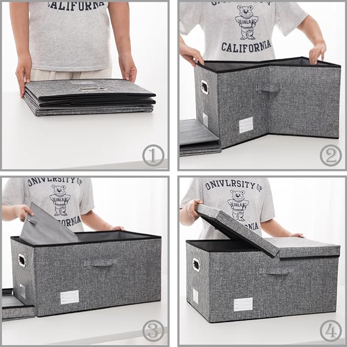 PRANDOM Storage Bins with Lids [3-Pack] Linen Fabric Foldable Storage... (Grey..
