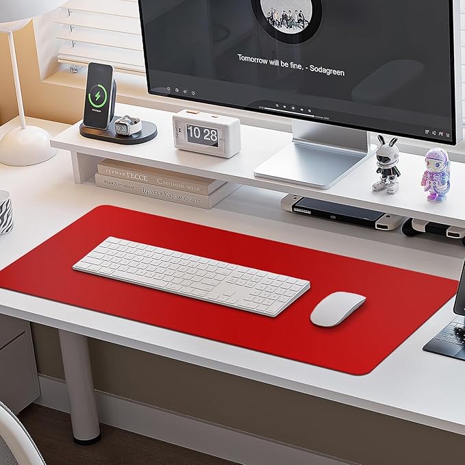 Boutilon Leather Desk Pad Protector,Non-Slip Mouse Pad,Laptop Desk Pad,Office Mouse Mat,Waterproof Leather Desk Blotter,Desk Writing Pad for Office and Home (M-Red,30"x14")