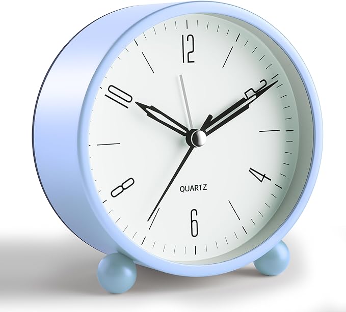 Analog Alarm Clock, 4 inch Super Silent Non Ticking Small Clock with Night Light, Battery Operated, Simple Design, Old fashioned Style SkyBlue decor, for Bedroom, Bedside, Desk, Adult, Kid, Gift, Blue