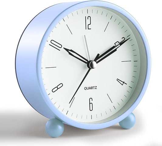 Analog Alarm Clock, 4 inch Super Silent Non Ticking Small Clock with Night Light, Battery Operated, Simple Design, Old fashioned Style SkyBlue decor, for Bedroom, Bedside, Desk, Adult, Kid, Gift, Blue