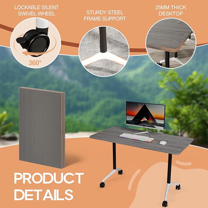 Folding Conference Table 4ft 5ft, Foldable Office Meeting Desk for 6 People, Multiple Sizes Colors Mobile Conference Room Table for Training Room School Business Furniture (4, Grey, 55in)