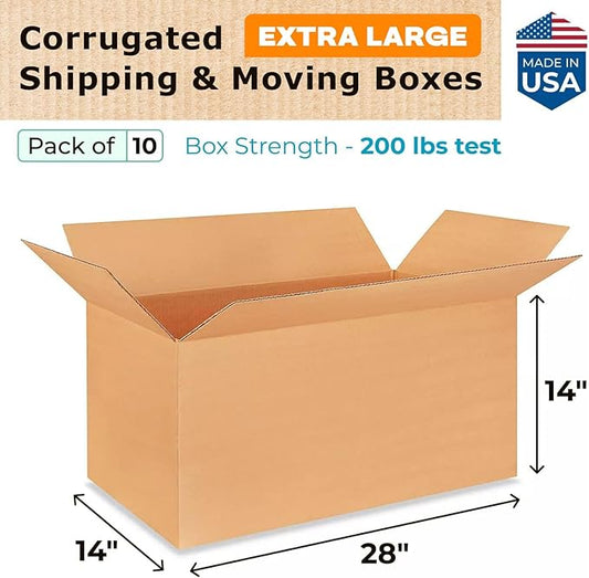 Extra Large Shipping & Moving Boxes 28x14x14 inches (10-Pack) - Extra Strength 200 lb vs Regular - Corrugated Durable Packing Boxes - Large Moving Box - Cardboard Box for Moving by IDL Packaging