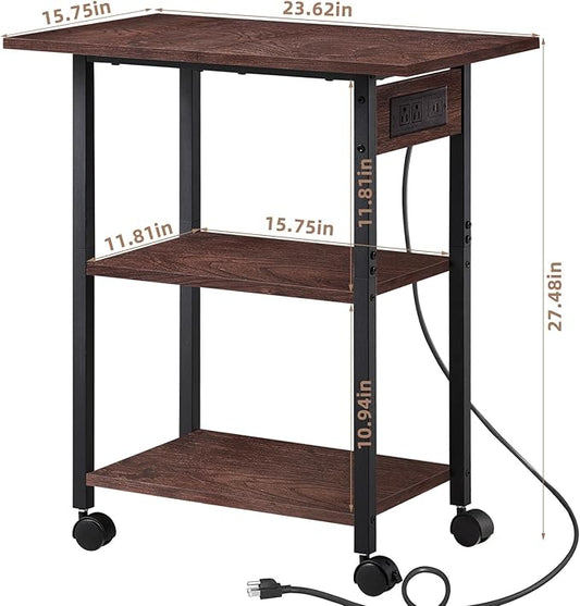 Lerliuo 3-Tier Printer Stand with Charging Station, Industrial Mobile Printer Table with Storage Shelf and Steel Frame, Rolling Printer Cart Holder with Lockable Wheels for Home, Office (Walnut)