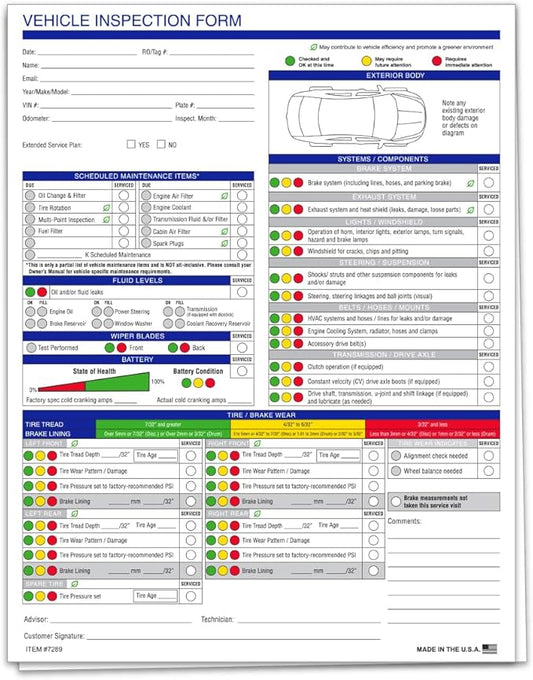 Multi-Point Inspection Form for Vehicles – 2-Part Carbonless Vehicle Checklist Pad – 8.5" x 11" Inspection Report – Edge-Glued, Manufacturer Recommended – White - Pack of 1000