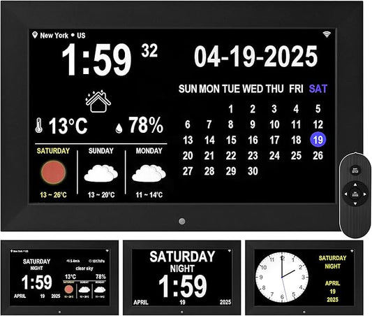 Memwake Digital Alarm Clock, Multiple Alarm Functions, Clock with Date and Day, Digital Alarm and Electronic Calendar for Seniors (White, 7 inch) (10-inch Black WiFi)