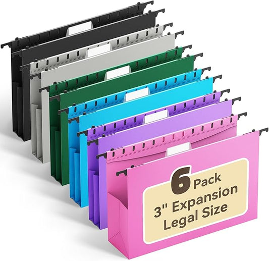 Ansook Plastic Legal Size Hanging File Folders,Heavy Duty 3" Expandable Legal File Folder Hanging with Tabs,6 Pack Extra Capacity Pastel File Cabinet Folders,Office School Hanging File Organizer