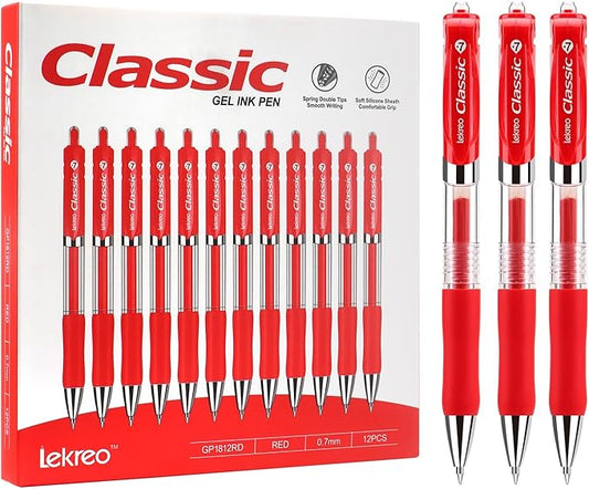 Classic Retractable Gel Roller Pens, 0.7mm Fine Point, Red Ink (Red - 12 Packs)