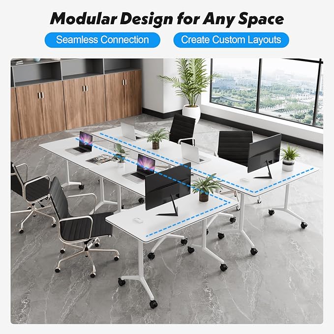 Goakwwuz Conference Room Table, Folding Conference Tables,Thicken Grey Tabletop,Flip Top Wooden Seminar Meeting Room Table for Conference Room Offices (2, White, 70.8”)