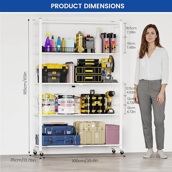 ALANNG 40" W Foldable 5-Tier Storage Shelves with Wheels, Adjustable & Removable Metal Rack, Heavy Duty Rolling Organizer for Kitchen, Garage, Closet, Pantry, and Office (White,2 Pack)