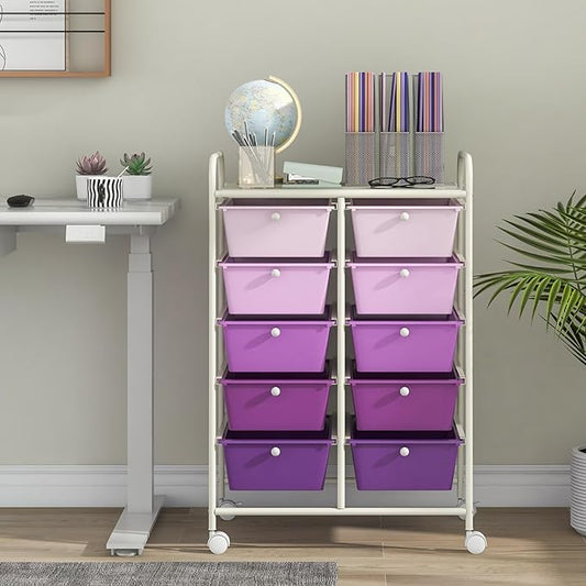 GLACER 10 Drawer Rolling Cart, Storage Cart with Lockable Whieels & Metal Frame, Trolley for Art Craft Oganizer, Mobile Utility Cart for Office, School, Classroom, Kitchen (Purple Gradient)