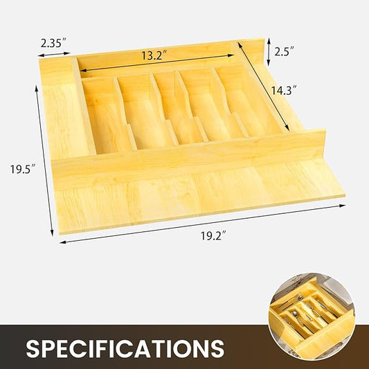 Evjocoh Silverware Drawer Organizer Wood with Adjustable Partition for Kitchen Utensil Cutlery Flatware Cabinet Storage Compartment Tray Insert with Dividers (19.2" W x 19.5" D x 2.5" H)