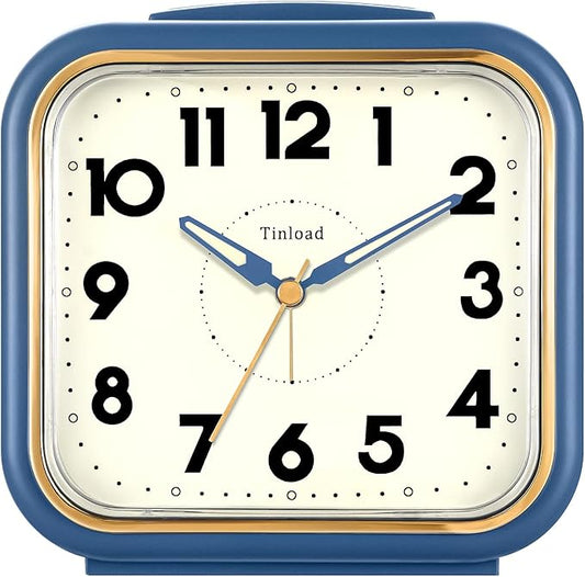 Tinload 5.5" Large Analog Alarm Clock • Silent Non Ticking • Gentle Wake • Beep Sounds • Increasing Volume • Battery Operated Snooze and Manual Light • Retro Blue