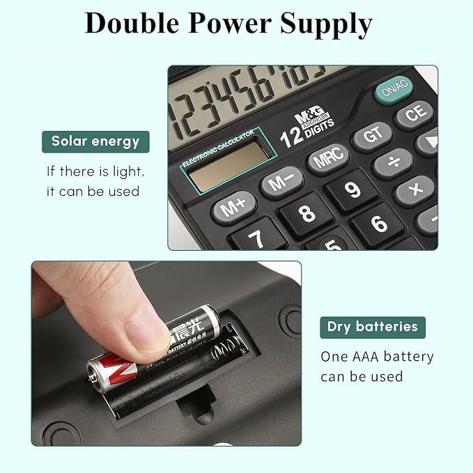 M&G Desk Calculator 12 Digit Office Calculators with Large LCD Display, Dual Solar Power and Battery, Recessed Big Button Calculator for Office Home (Black)