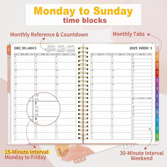 SUNEE 2026 Appointment Book, Quarter-Hourly, Weekly & Monthly - from January 2026 - December 2026, 6.4"x8.3" Weekly Planner, Flexible Cover, Note Pages, Pockets, Bookmark, Spiral Binding, Pink Breeze