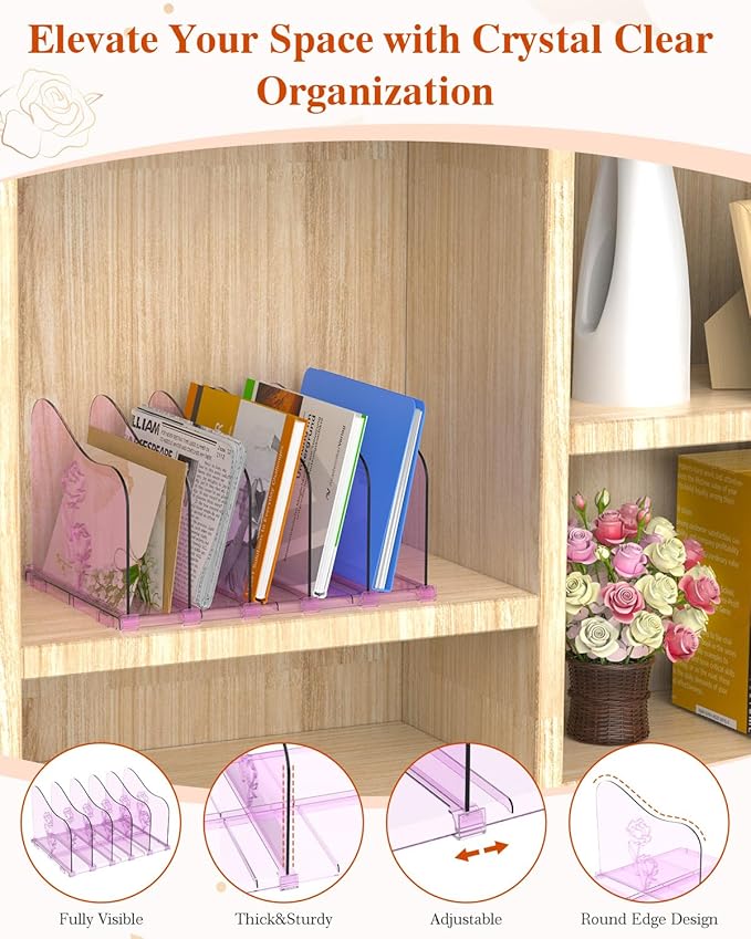 COWVTUJ Adjustable Rose File Organizer for Desk, Vertical File Folder Holders for Magazines, Upright Desktop Binder Organizer, Clear Paper Bookshelf Divider File Sorter for School Office Supplies