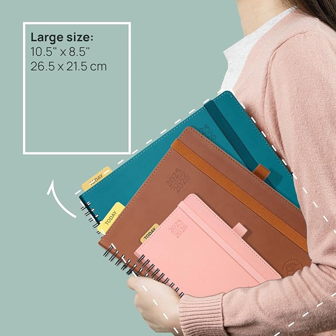 POPRUN Planner 2025-2026 (Large - 8.5'' x 10.5'') Academic Weekly Calendar (July 2025 - June 2026) with Hourly Time Slots, Monthly Tabs, 100GSM Thick Papers, Spiral Leather Cover - Pacific Green