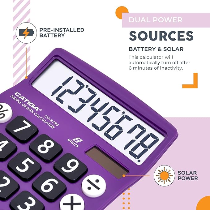 CATIGA Desktop Calculator 8 Digit with Solar Power and LCD Display, or Home, Office, School, Class and Business, 4 Function Small Basic