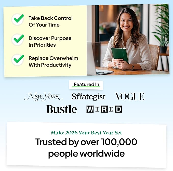Purpose Planner Notebook B5 7.5”x9.8” Undated 2026 Daily Weekly and Monthly Productivity Goal Setting Tool for Work Home ADHD for Adults Self Care Journal