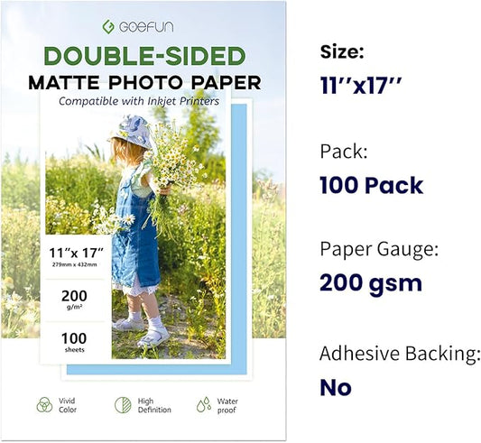 11x17 Double Sided Photo Paper Matte, Goefun 200GSM/54LB Presentation Paper for Inkjet Printer, 100 Sheets
