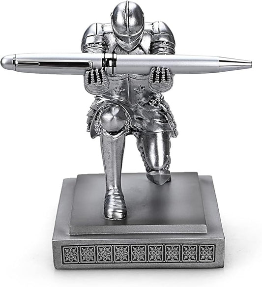 HDMbigmi Knight Pen Holder Pen Stand Desk Organizers and Accessories Resin Pencil Holder as Gift with a Fancy Pen for Office and Home Desk Organizer (Silver)