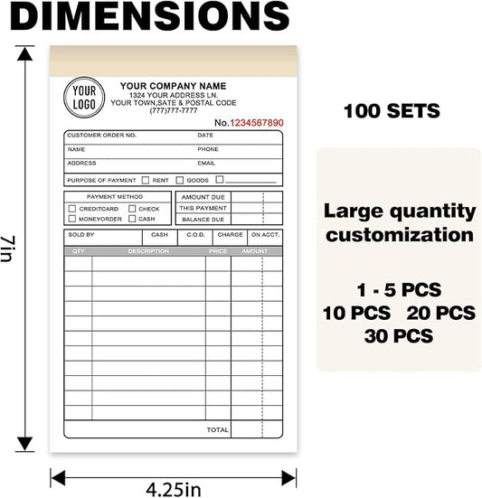 Custom Invoice Book with Logo 100 Set Personalized Receipt Books Customized Invoices for Small Business 2 - Parts Carbonless Duplicate Invoice Forms NCR Books