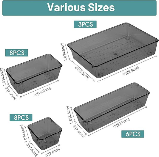 WOWBOX 25 PCS Plastic Drawer Organizer Set, Desk Drawer Divider Organizers and Storage Bins for Makeup, Jewelry, Gadgets for Kitchen, Bedroom, Bathroom, Office, Black