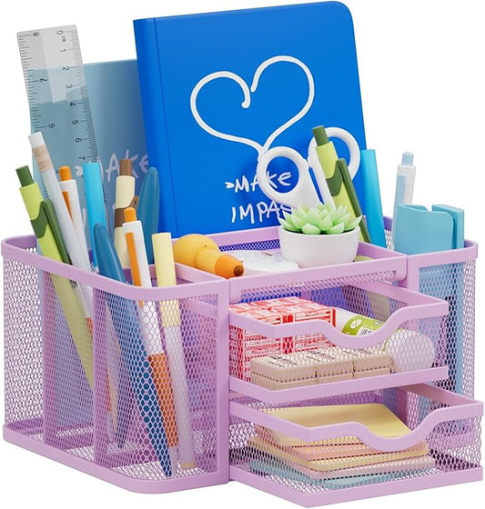 Marbrasse Mesh Desk Organizer with 2 Drawers, Pen Holder & Notebook Slot