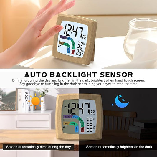 VOILEIPAGI Travel Alarm Clock Bedside Clock with Auto Backlight, Battery Powered Alarm Clock Temperature and Humidity, Second, Date, 12/24H, Wood Grained Small Clock Digital Alarm Clocks for Bedrooms