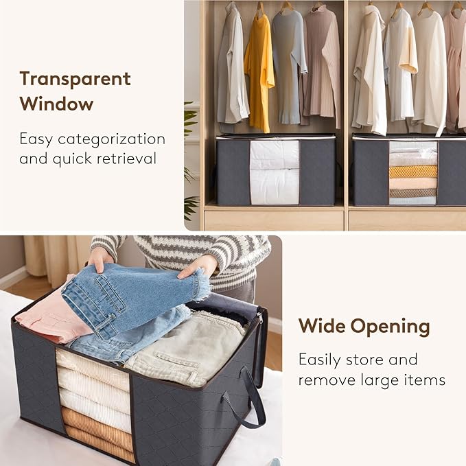 Lifewit 6 Pack Clothes Storage Bins with Lids, Foldable Blanket Storage Bags with Zippers, Clear Window and Reinforced Handles, Closet and Organization for Clothing, Sweater, Comforter, Bedding, Gray