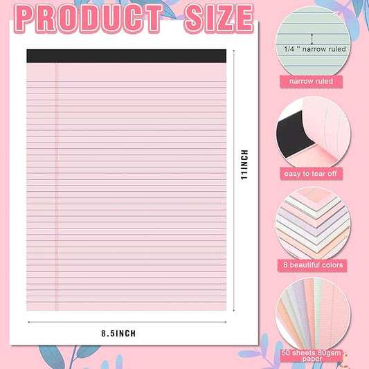 Fuutreo 8 Pcs 8.5'' x 11'' Colored Legal Pad Writing Pads Narrow Ruled 50 Sheets Per Notepad Perforated Writing Notepad Office Supplies for College Office Business (Sweet Color)