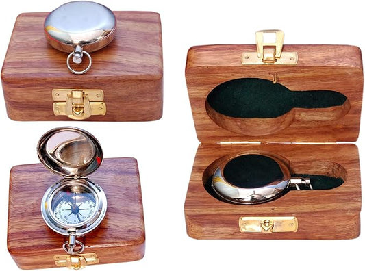 Bazross Brass Nautical Compass with Wooden Case - Antique Brass & Copper Sun Clock for Camping, Hiking, Touring - Engraved Gift for Him - Nautical Clock - Compass Gift
