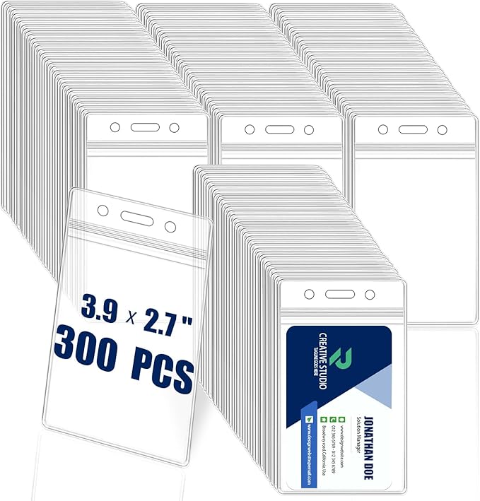 300 Pack Name ID Badge Holder,Plastic Badge Holder for Lanyard, Vertical Extra Thick 3.9" x 2.7" Waterproof Name tag Holder for School/Office/Hospital/Exhibition/Party/Badge Swipe Cards or Credit Card