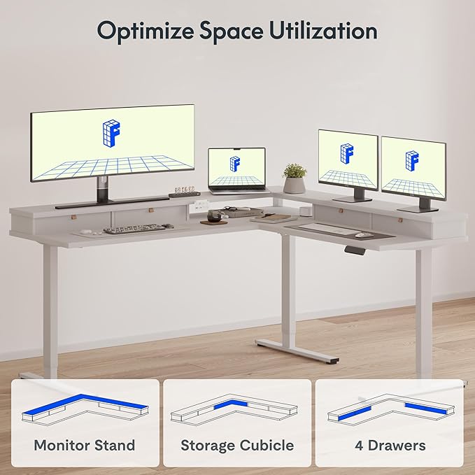 FLEXISPOT 63" L Shaped Standing Desk with Shelf Electric Corner... (White, 63x..