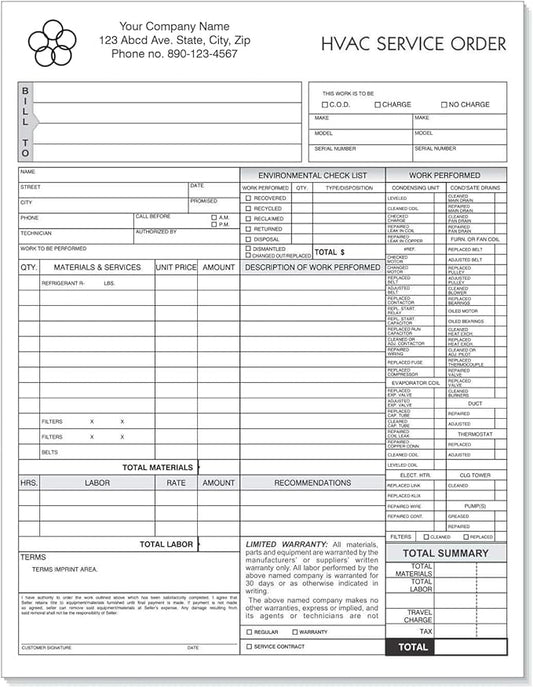 HVAC Service Order Invoice & Repair Detail Form, 3 Part Carbonless, Letter Size (Your Company Name Printed) 500 Sets