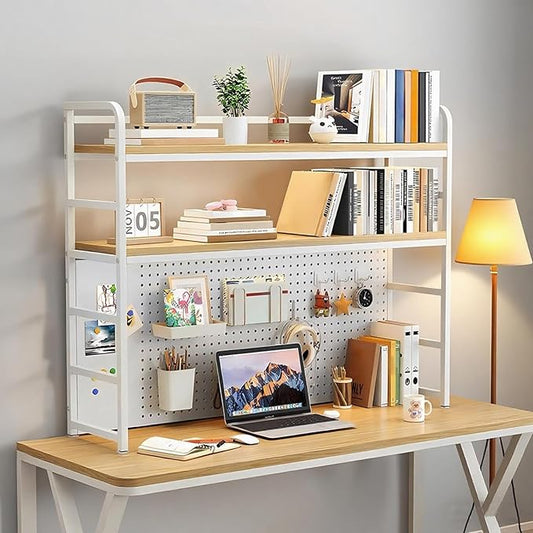 ZWCQSYS 2-Tier Desktop Bookshelf Hutch - Metal Desk Shelf Bookcase with Desk Pegboard Countertop Storage Organizer Rack for Dorm or Office (A, 70cm/27.5in)