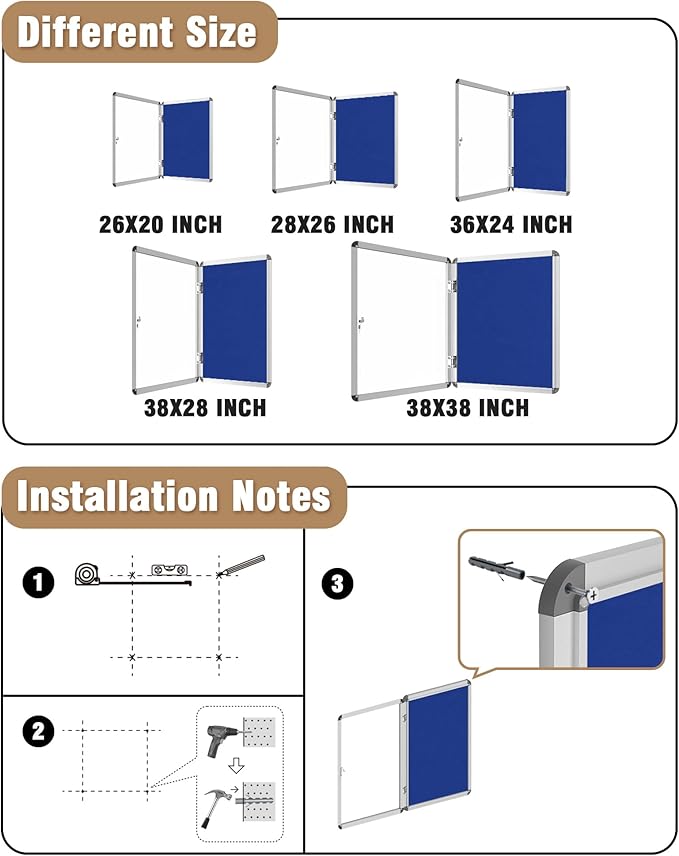 Mifuro 28"x26" Enclosed Bulletin Board, Lockable Weather-Resistant Aluminum Cork Noticeboard for School & Office, Silver Frame w/Blue Flet